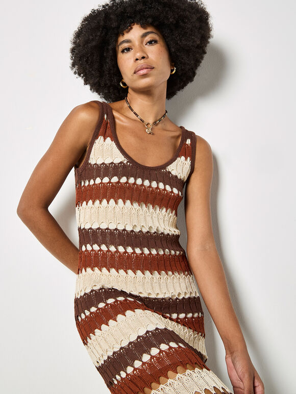 Crochet Stripe Midaxi Dress, Brown, large