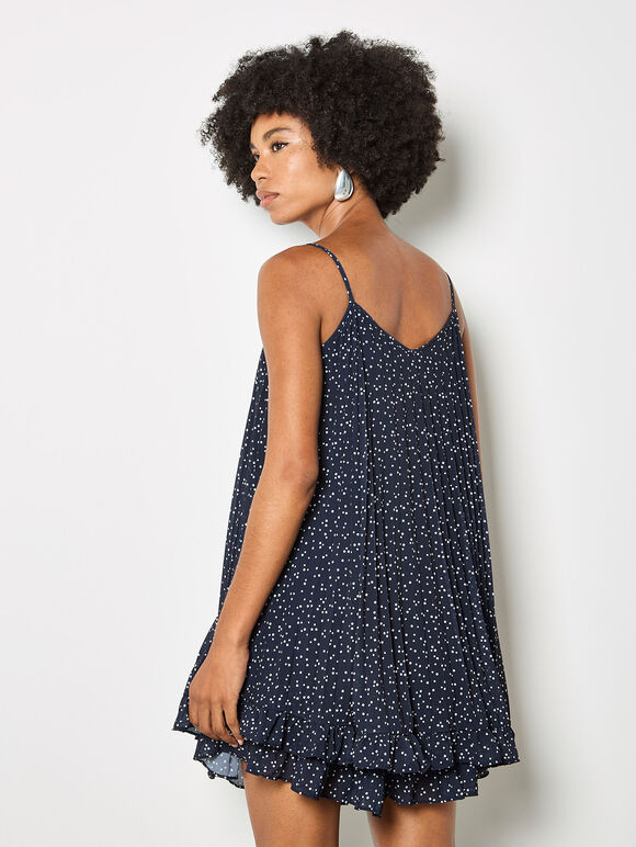 Poka Dot Pleated Chiffon Cami Top, Navy, large