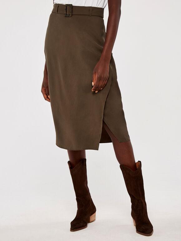 Wrap Buckle Belt Midi Skirt, Brown, large