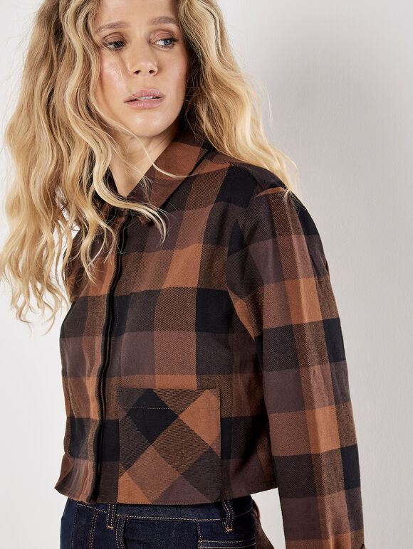 Check Print Cropped Shirt, Brown, large