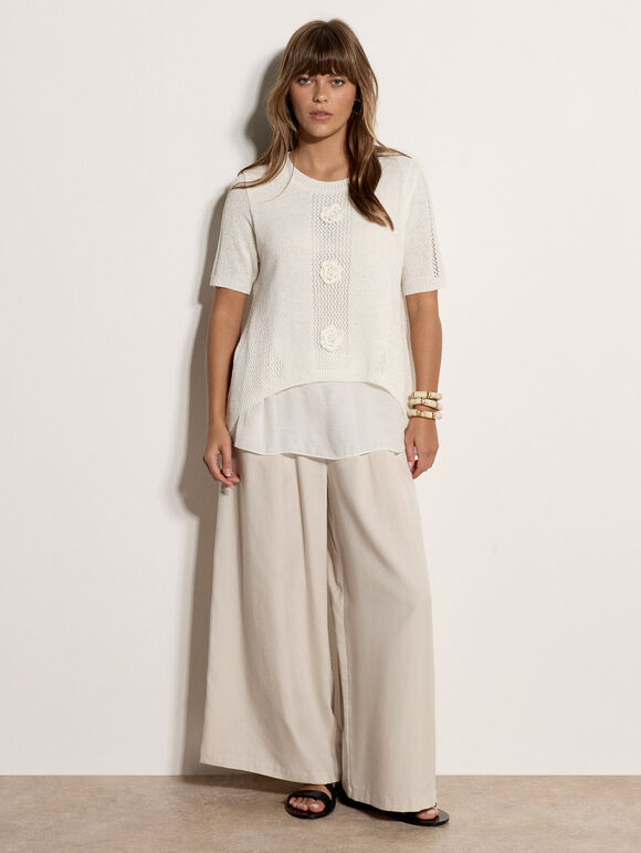 Floral Knit Layered Top, White, large