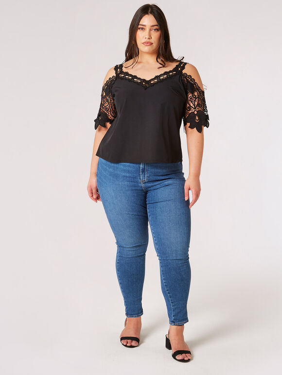 Curve Spitzen-Cold-Shoulder-Top, Schwarz, Größe L