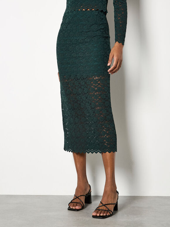 Floral Leaf Lace Midi Skirt, Green, large
