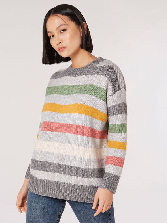 Übergroßer Pullover mit bunten Streifen, Grau, Größe L