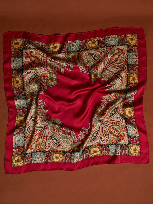 Printed Satin Scarf, Red, large