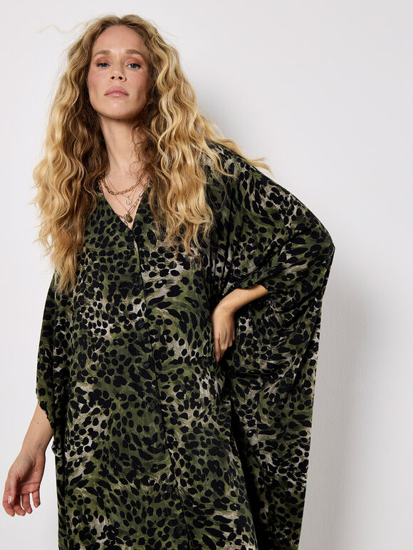 Leopard Print Kimono Midaxi Dress, Khaki, large