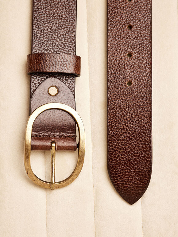 Thin Leather Gold Buckle Belt, Brown, large