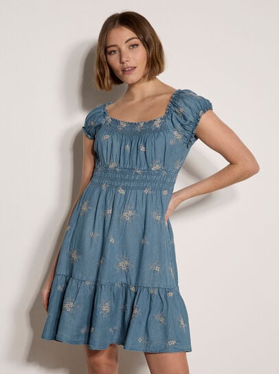 Denim Floral Embroidered Mini Dress