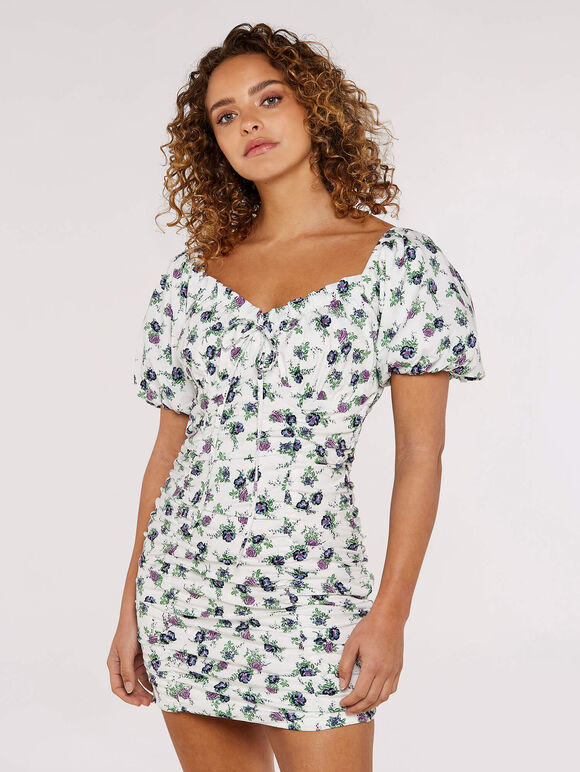 Floral Milkmaid Mini Dress, Cream, large
