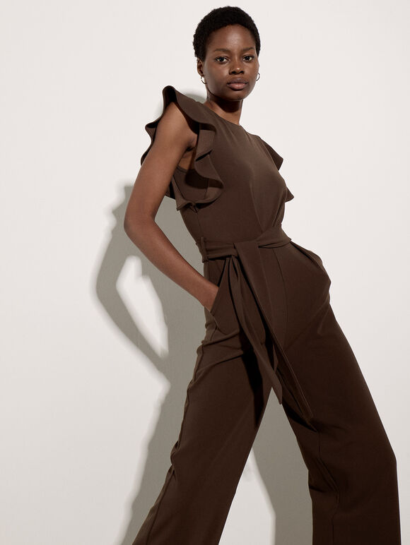 Ruffle Sleeve Jersey Jumpsuit, Brown, large