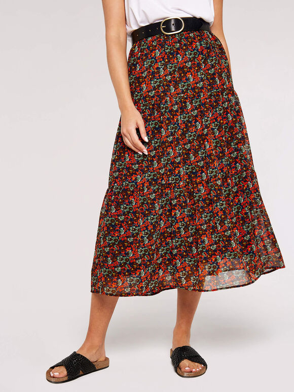Pansy Ditsy Tiered Skirt, Navy, large