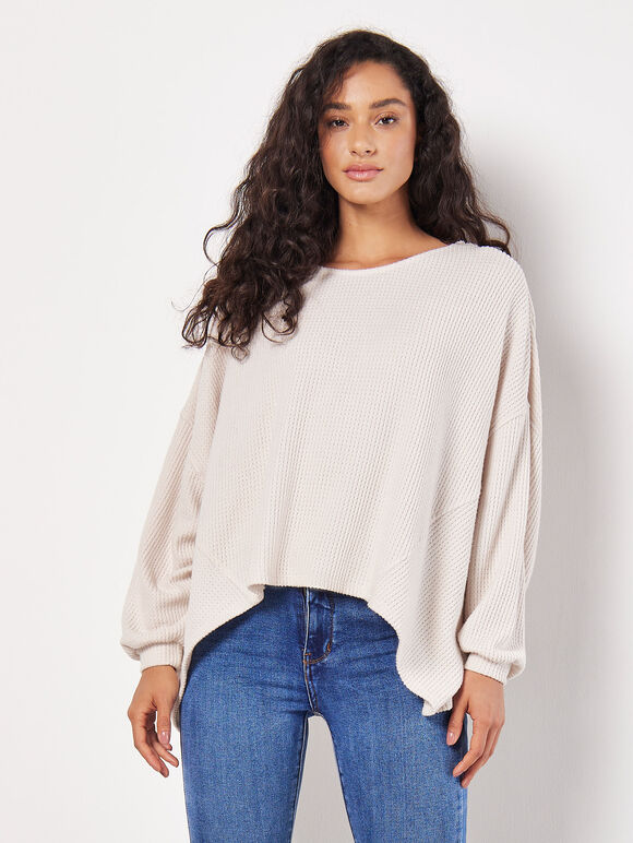 Soft-Touch Oversized Waffle Knit Top, Stone, large