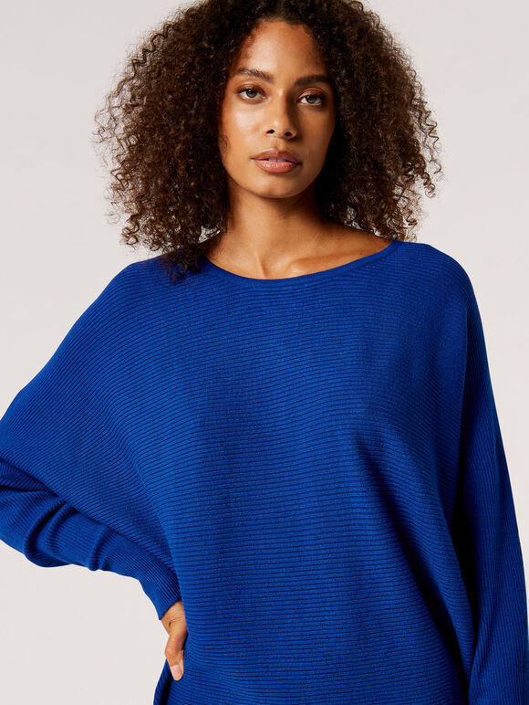 Langer, gerippter Batwing-Pullover, Blau, Größe L