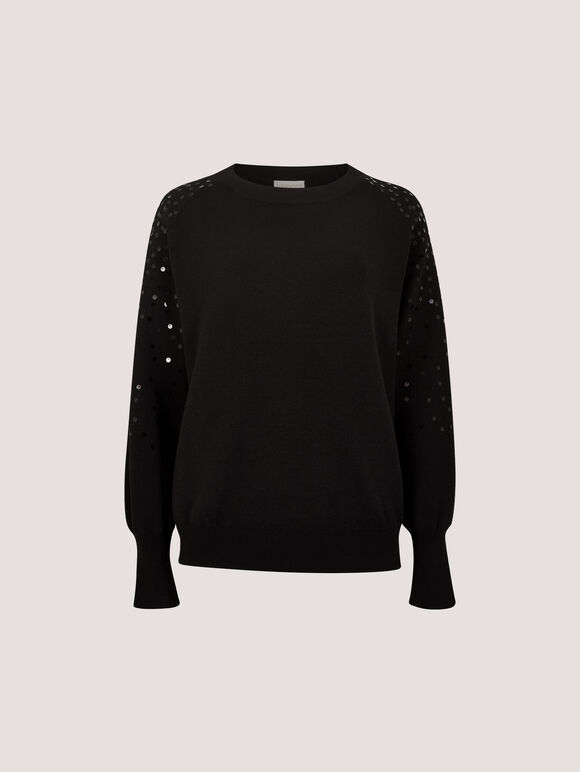 Sequin Sleeve Ribbed Knit Jumper, Black, large