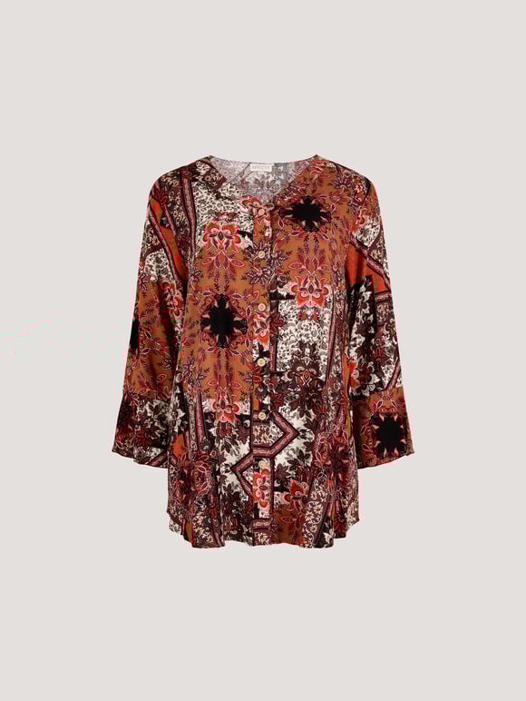 Patchwork Scarf Print Blouse, Orange, large