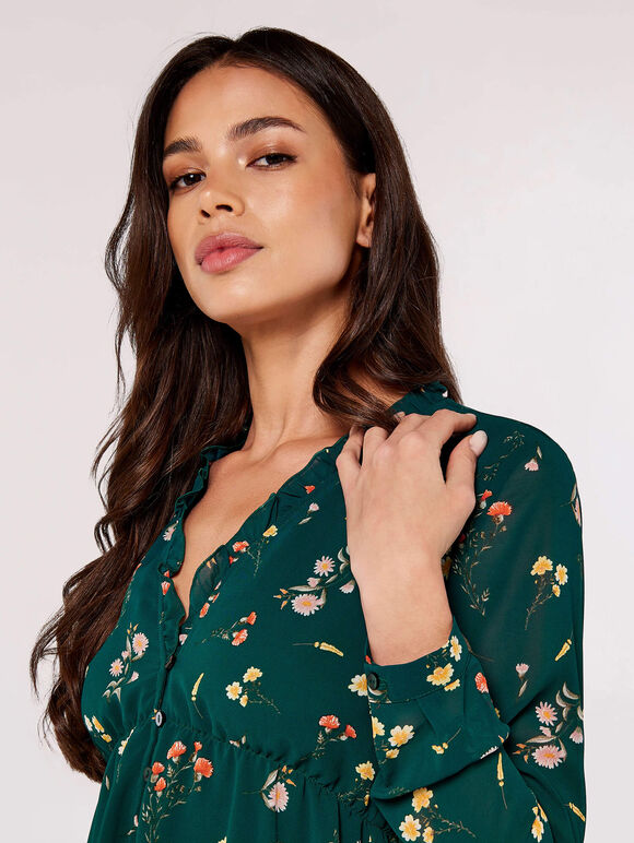 Botanical Ruffle Mini Dress, Green, large