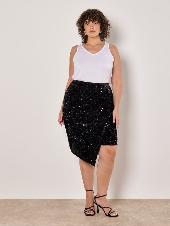 Curve Velvet Sequin Wrap Mini Skirt, Black, large