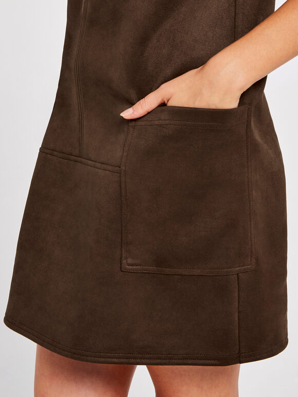 Suedette 2 Patch Pocket Shift Dress, Brown, large