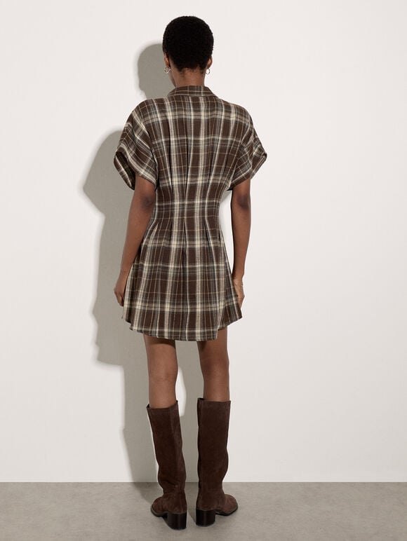 Pintuck Pleat Check Mini Dress, Brown, large