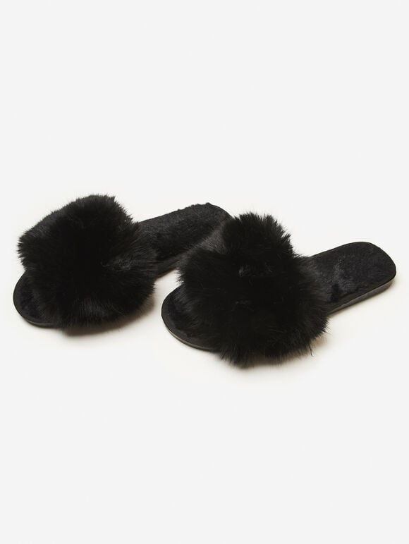 Cosy Faux Fur Luxe Slippers, Black, large