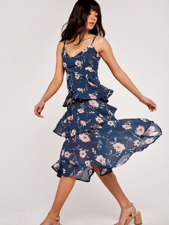 Floral Tiered Midi Dress, Navy, large