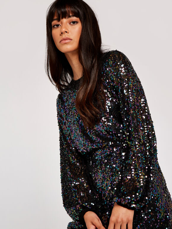 Sequin Shift  Mini Dress, Black, large