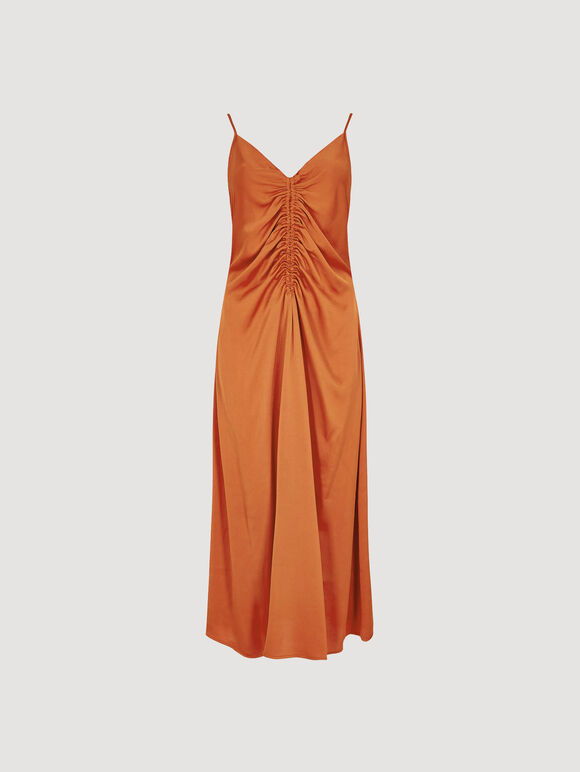 Ruched Satin A-Line Midi Dress, Orange, large
