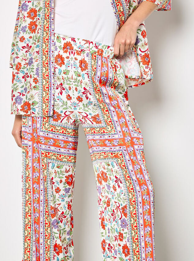 Floral Scarf Print Satin Wide-Leg Trousers, Orange, large