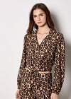 Leopard Print Tie Front Crop Shirt, Brown, large