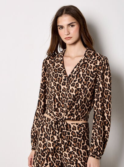 Leopard Print Tie Front Crop Shirt
