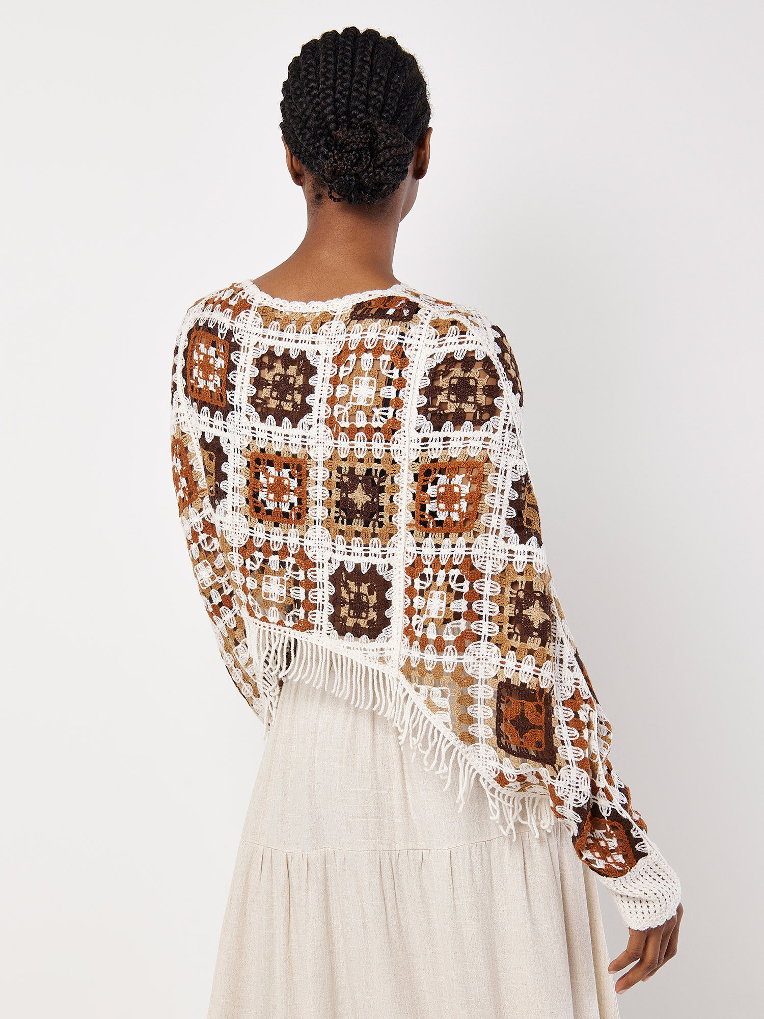 Fringed Crochet Squares Poncho Top | Apricot Clothing