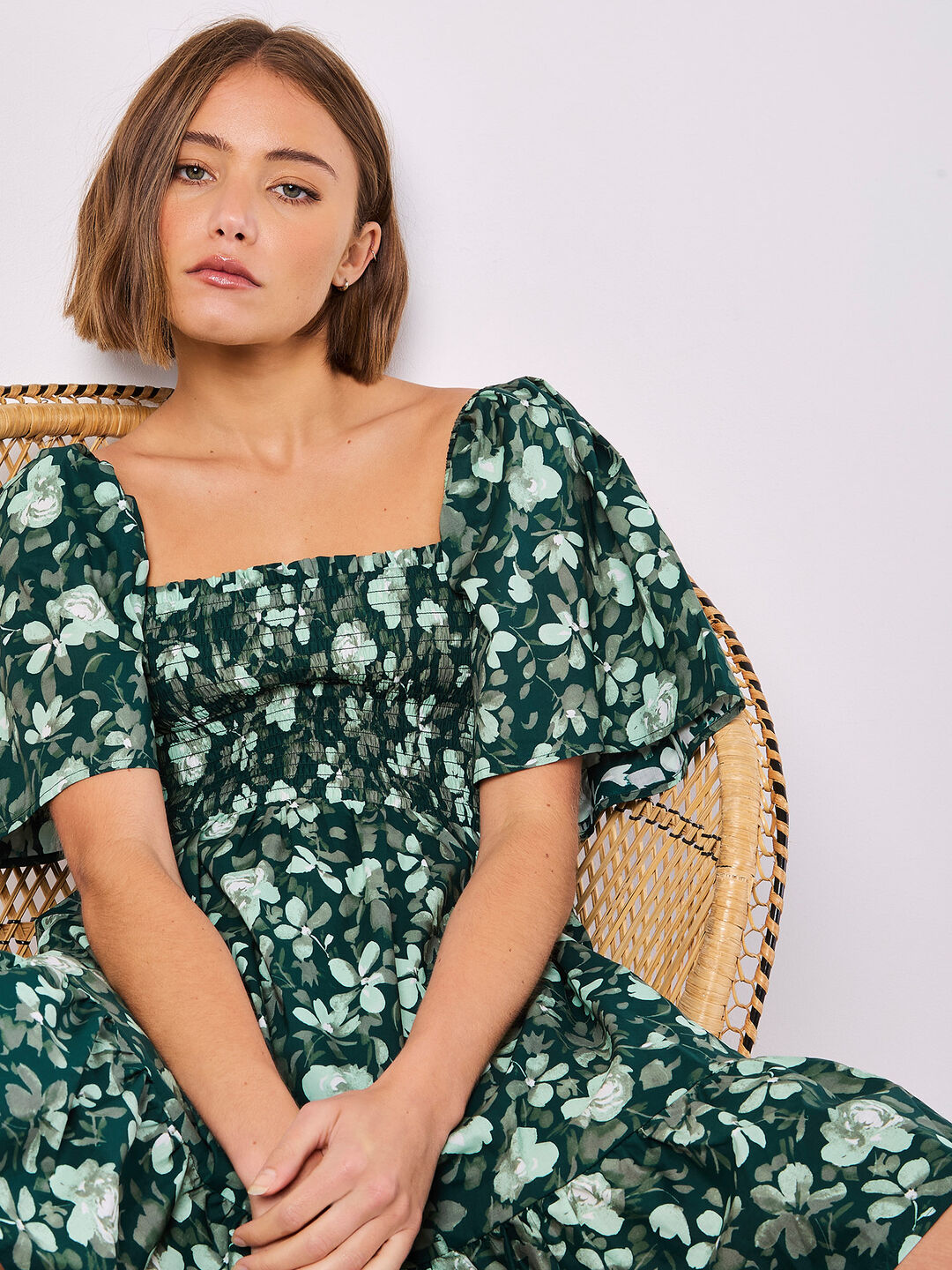 Smocked Cotton Floral Mini Dress Smocked Cotton Floral Mini Dress