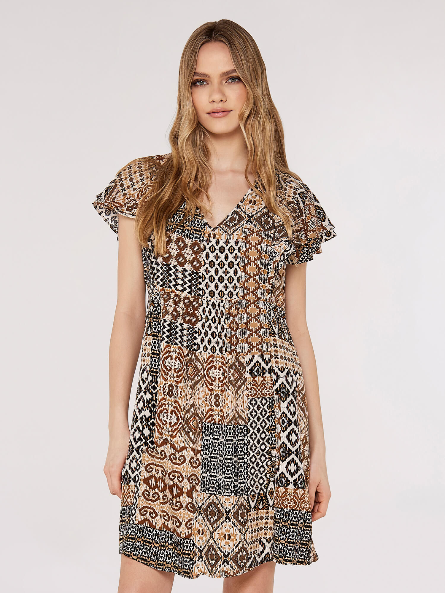 Ikat Tribal Mini Dress Apricot Clothing
