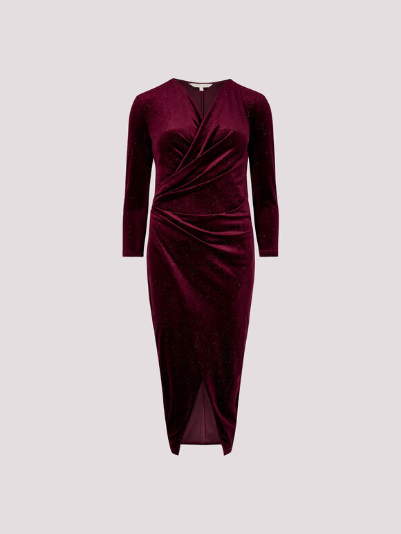 Glitter Velvet Wrap Midi Dress, Burgundy, large