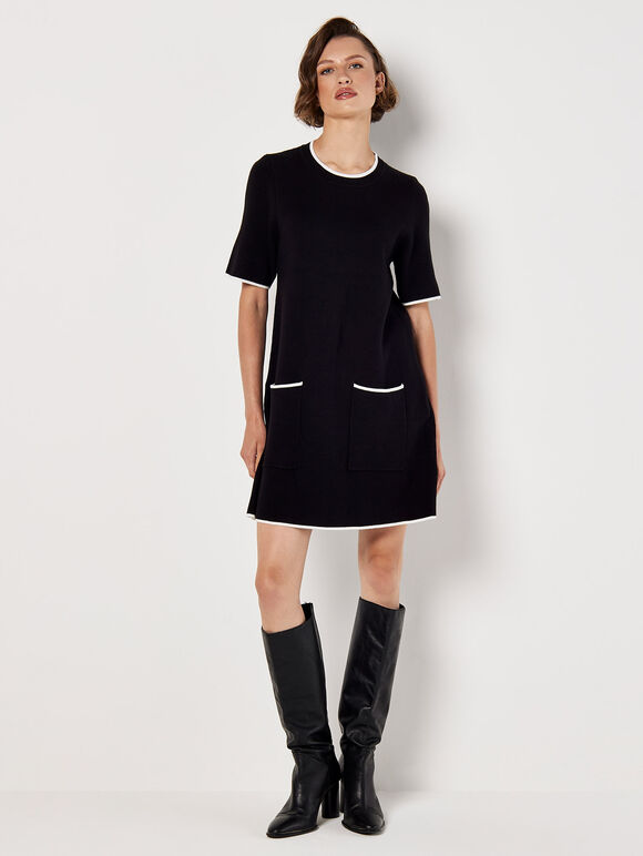 Monochrome Knitted Mini Dress, Black, large