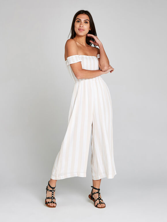 Stripe Bardot Smock Jumpsuit, Stone, large