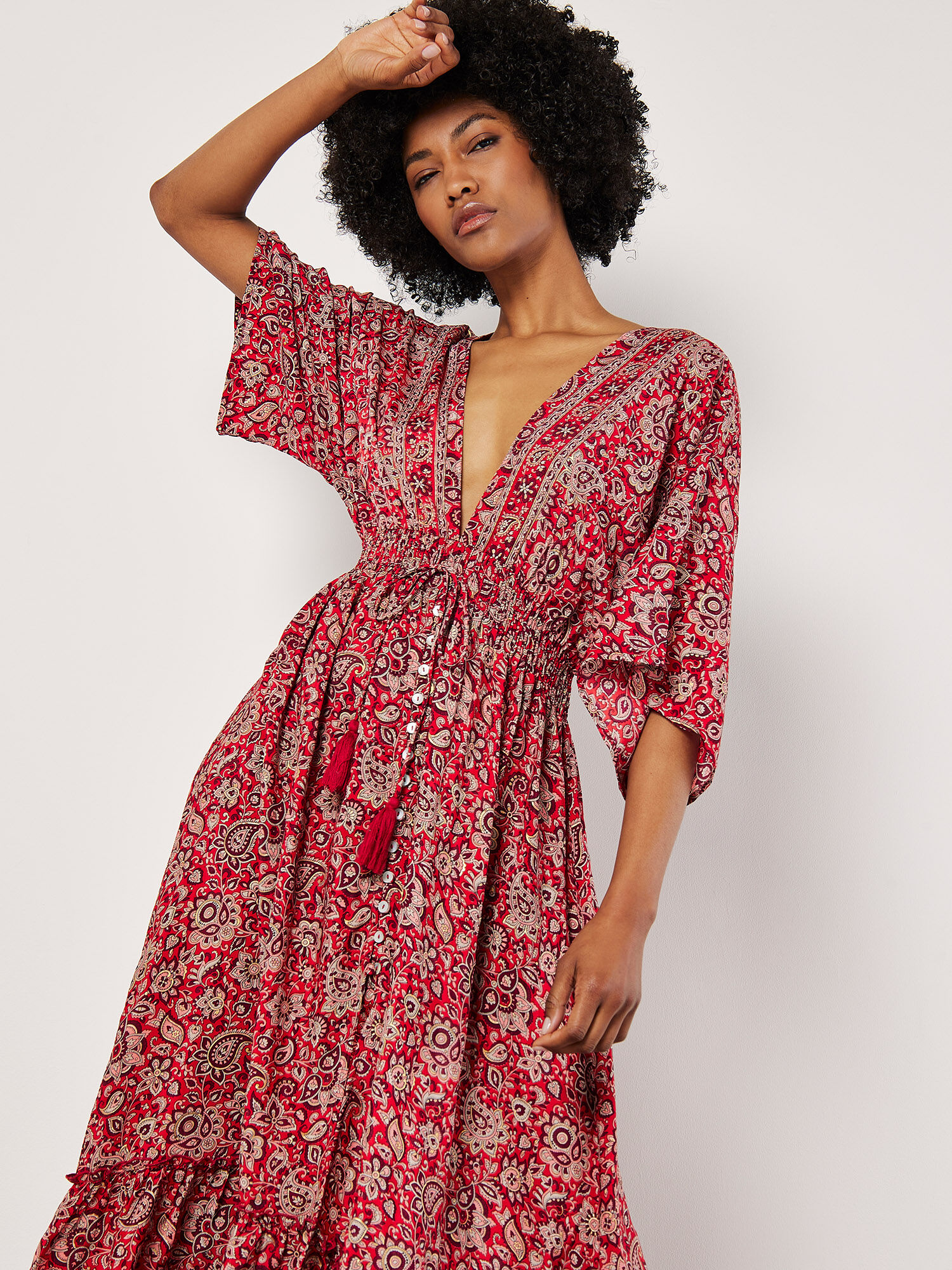 Foil Floral Paisley Satin Maxi Dress Apricot Clothing