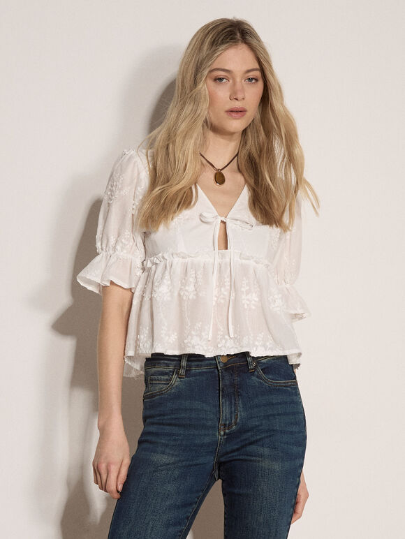 Floral Embroidered Cotton Crop Blouse, White, large