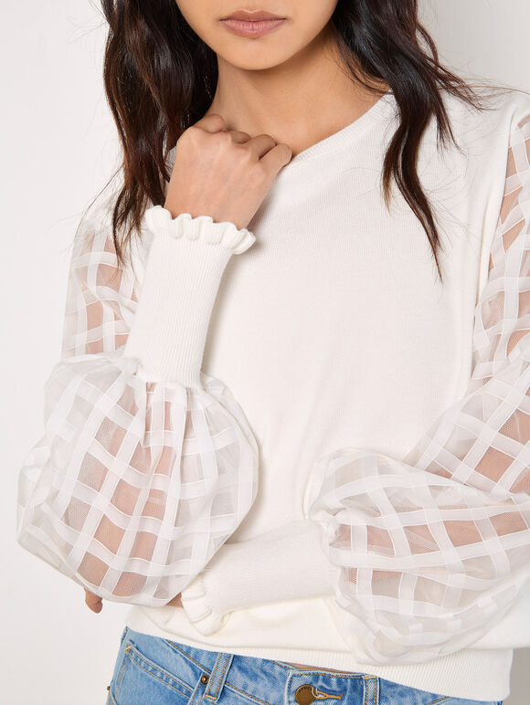 Contrast Organza Sleeves Jumper, White, large