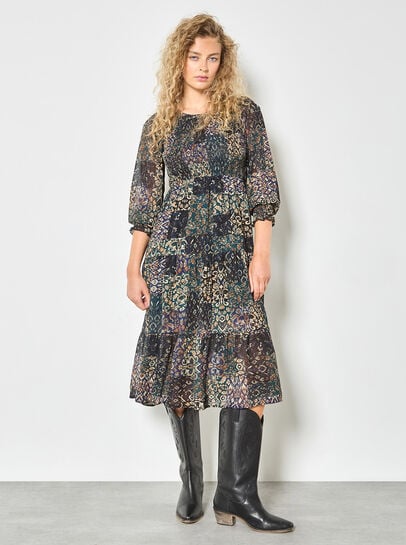 Ikat Patchwork Smocked Chiffon Midi Dress