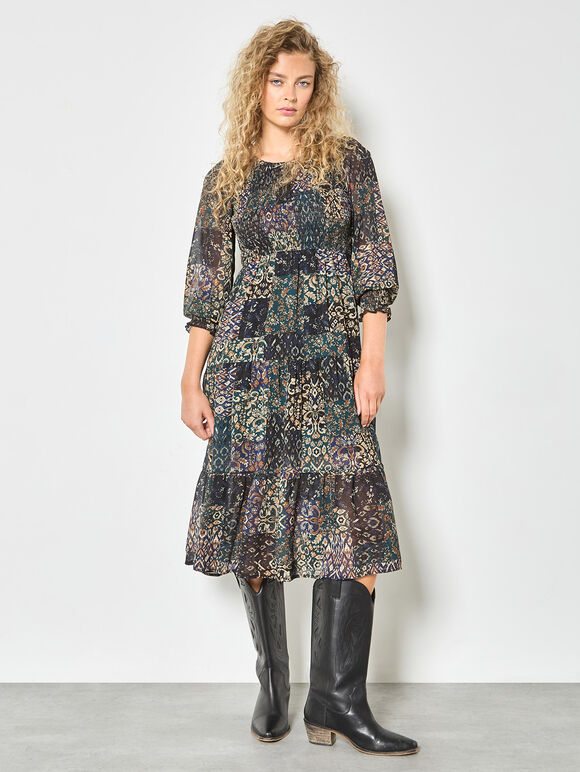 Ikat Patchwork Smocked Chiffon Midi Dress, Green, large
