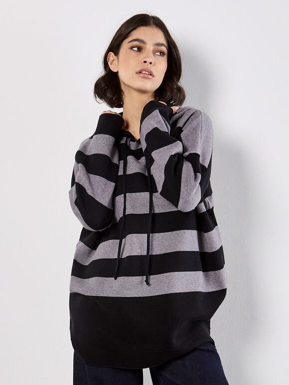 Hooded Stripe Tunic Jumper, Grey, large