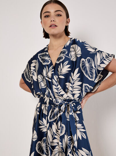 Tropical Leaf Print Satin Mini Dress