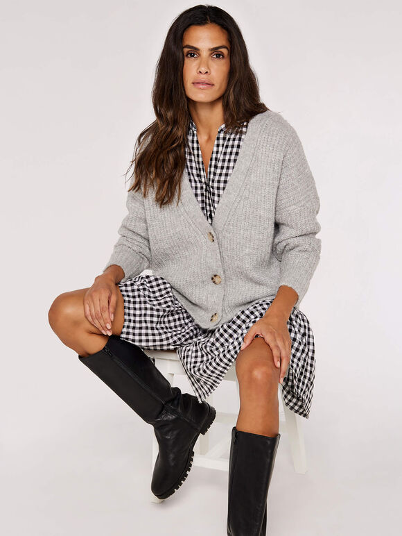 Knit Boyfriend Cardigan, Grey, large