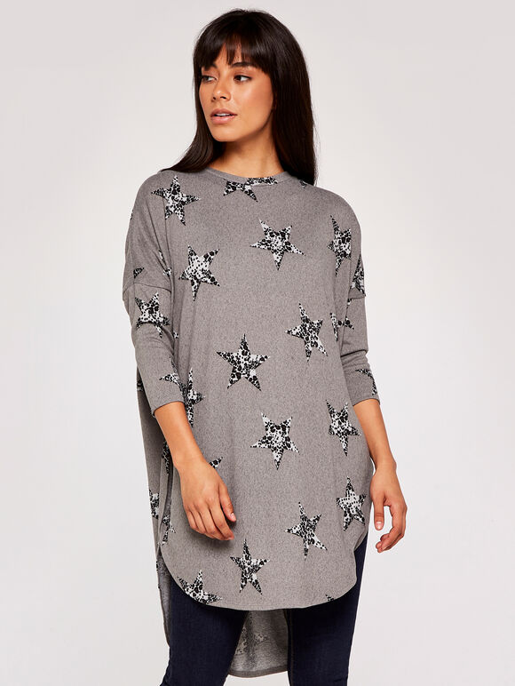 Leopard Star Print Curve Hem Top, Grey, large