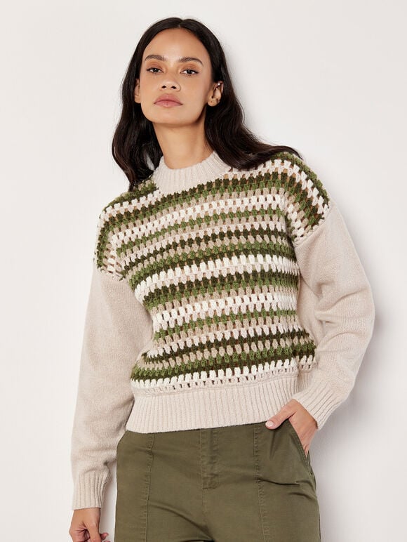Crochet Stripes Panel Jumper, Stone, large