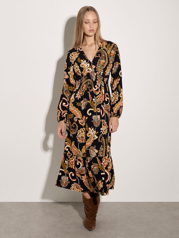 Crepe Folk Floral Midi Dress, Black, large