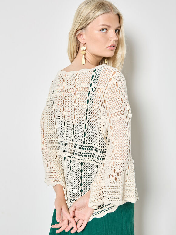 Bell Sleeve Crochet Top, Stone, large