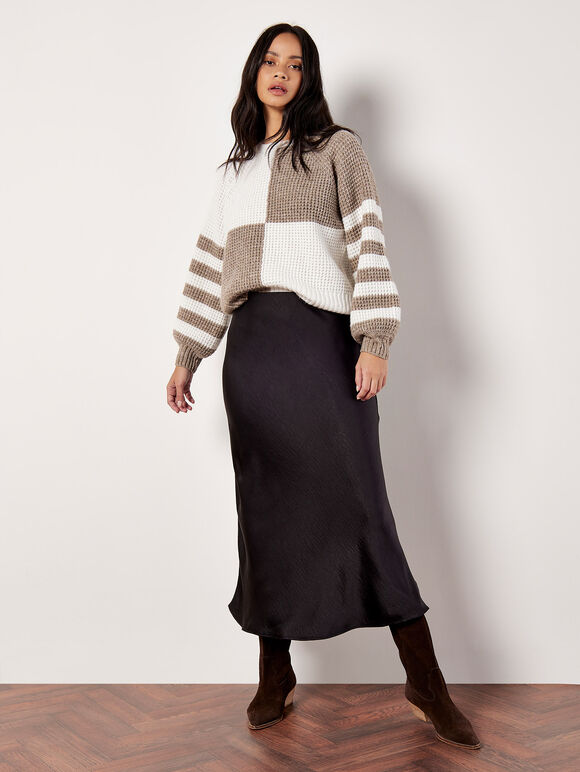 Colour Block Waffle Knit Jumper, Cream, large