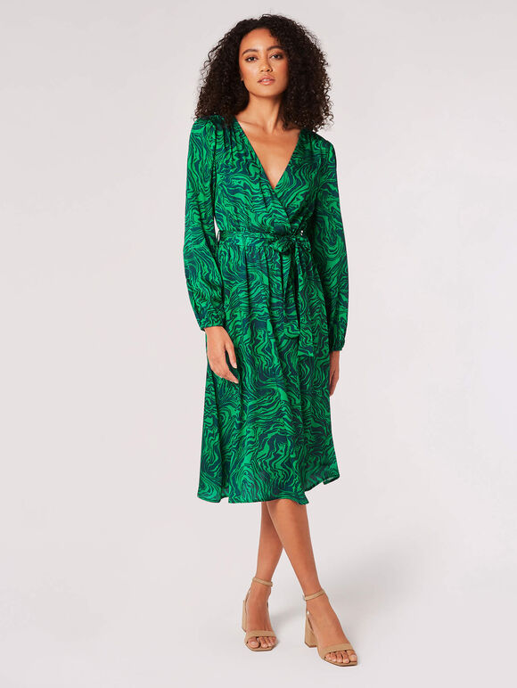 Swirl Satin Wrap Midi Dress, Green, large